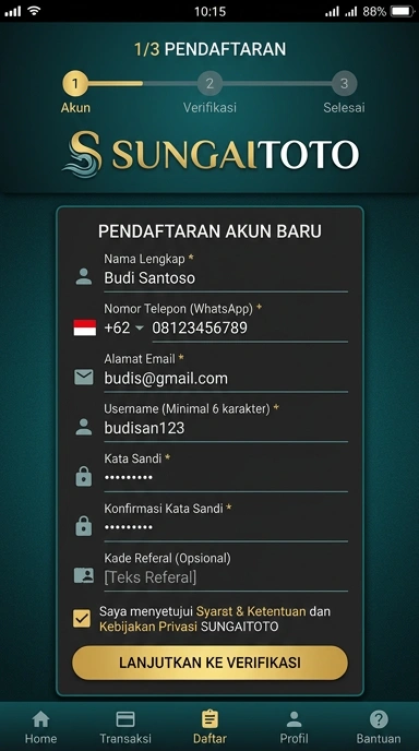 Tampilan halaman daftar sungaitoto